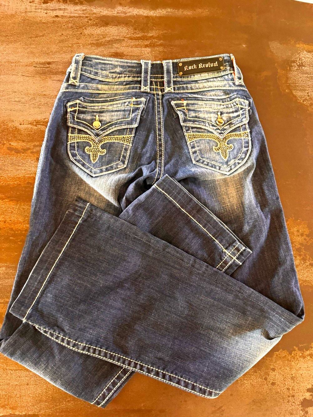 Rock Revival Women's Bootcut Jeans Blue Medium Wash Studded Flap 5-Pocket